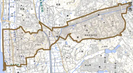 増永とその周辺の地図。町の範囲を重ねている