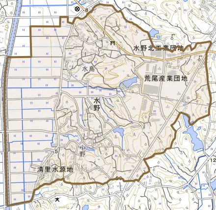 水野とその周辺の地図。町の範囲を重ねている