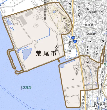 大島とその周辺の地図。町の範囲を重ねている