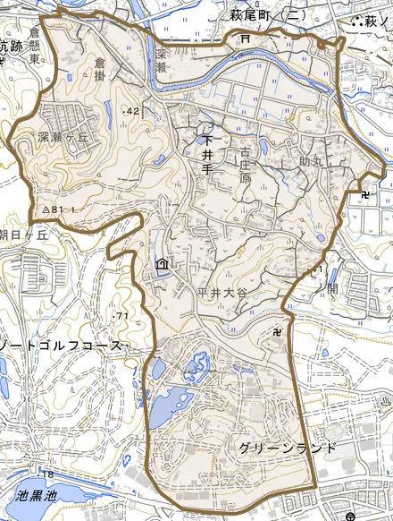 下井手とその周辺の地図。町の範囲を重ねている