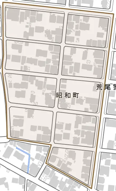 昭和町とその周辺の地図。町の範囲を重ねている