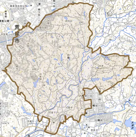 川登とその周辺の地図。町の範囲を重ねている