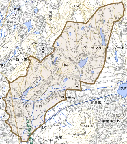 宮内とその周辺の地図。町の範囲を重ねている