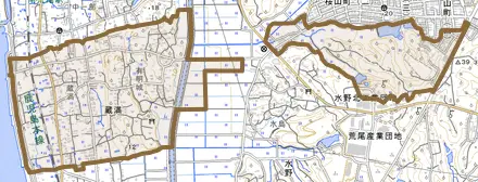 蔵満とその周辺の地図。町の範囲を重ねている
