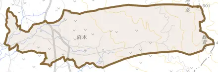 府本とその周辺の地図。町の範囲を重ねている