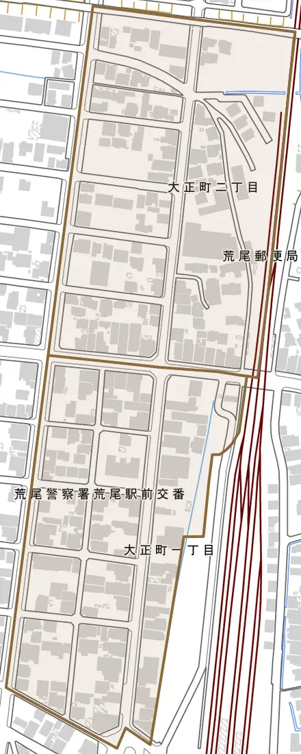 大正町とその周辺の地図。町の範囲を重ねている