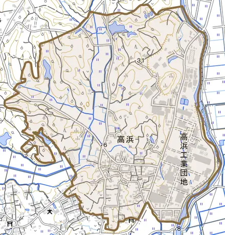 高浜とその周辺の地図。町の範囲を重ねている