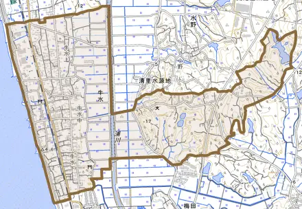 牛水とその周辺の地図。町の範囲を重ねている