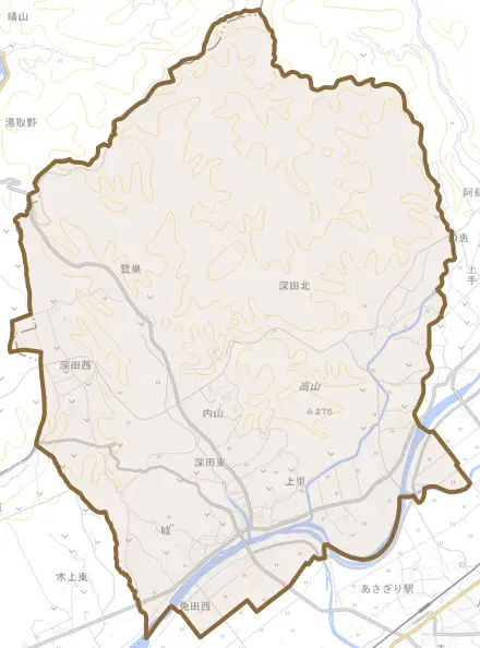 深田西とその周辺の地図。町の範囲を重ねている