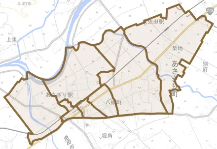 免田東とその周辺の地図。町の範囲を重ねている