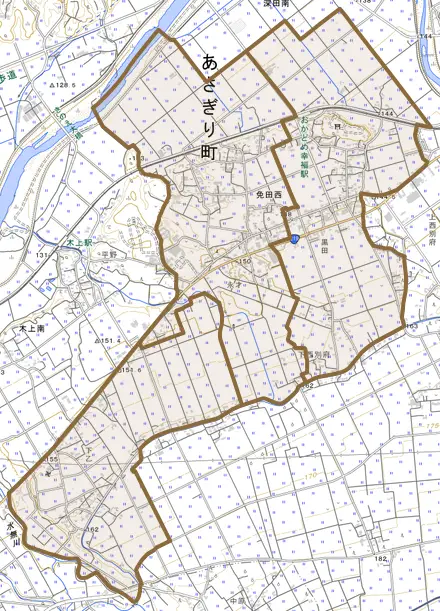 免田西とその周辺の地図。町の範囲を重ねている