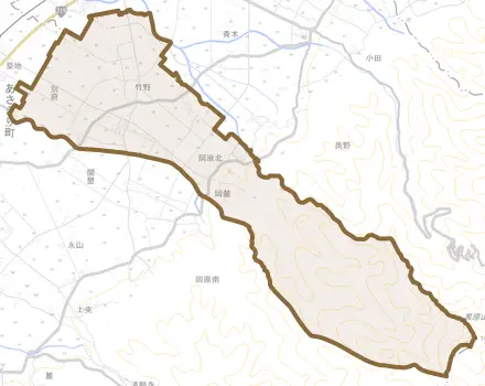 岡原北とその周辺の地図。町の範囲を重ねている