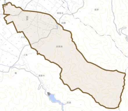 岡原南とその周辺の地図。町の範囲を重ねている