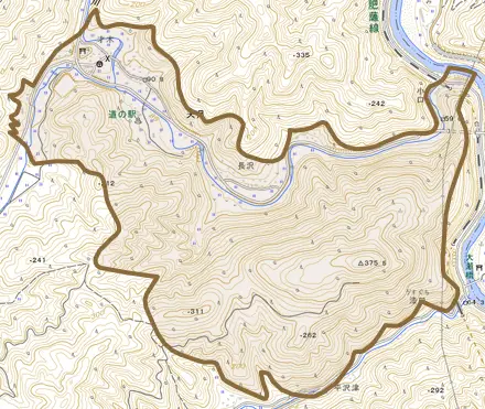 大字天月とその周辺の地図。町の範囲を重ねている
