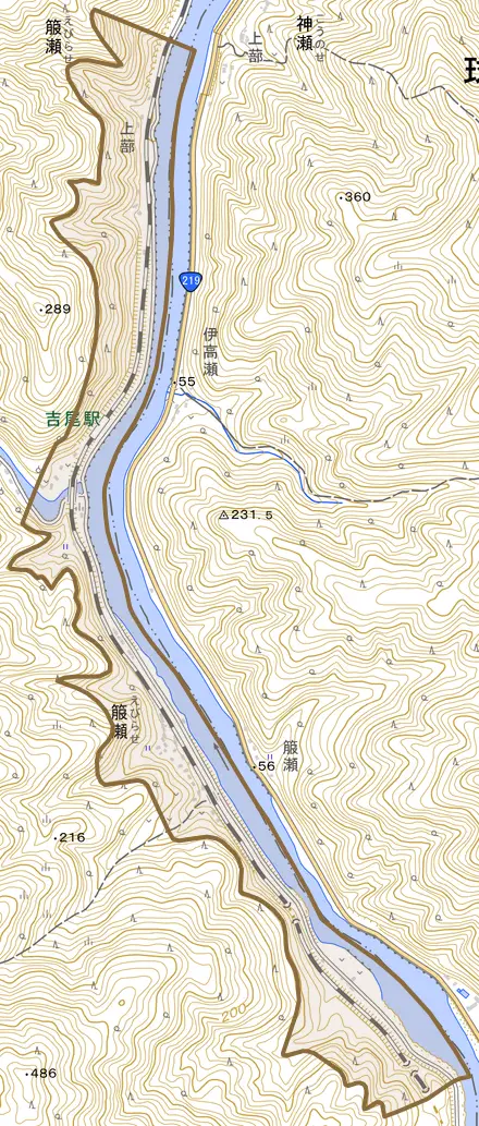 大字箙瀬とその周辺の地図。町の範囲を重ねている