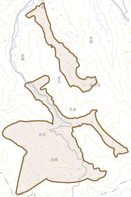 大字古石とその周辺の地図。町の範囲を重ねている