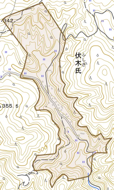 大字伏木氏とその周辺の地図。町の範囲を重ねている