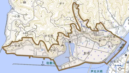 大字計石とその周辺の地図。町の範囲を重ねている