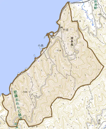 大字波多島とその周辺の地図。町の範囲を重ねている