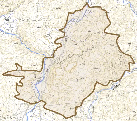 大字市野瀬とその周辺の地図。町の範囲を重ねている