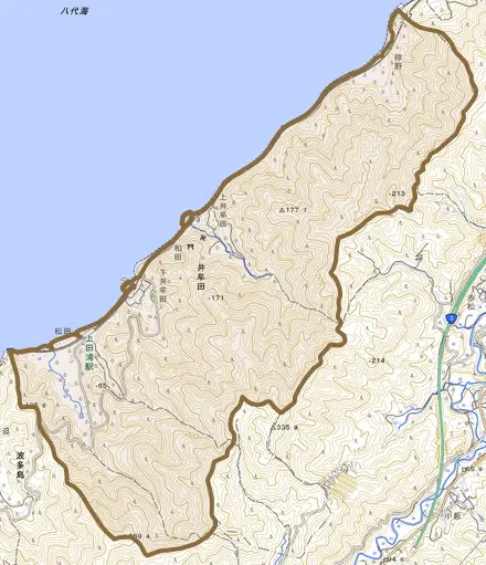 大字井牟田とその周辺の地図。町の範囲を重ねている