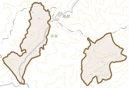 大字黒岩とその周辺の地図。町の範囲を重ねている