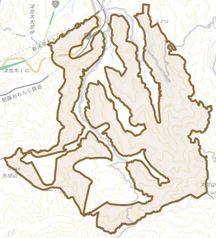 大字丸山とその周辺の地図。町の範囲を重ねている