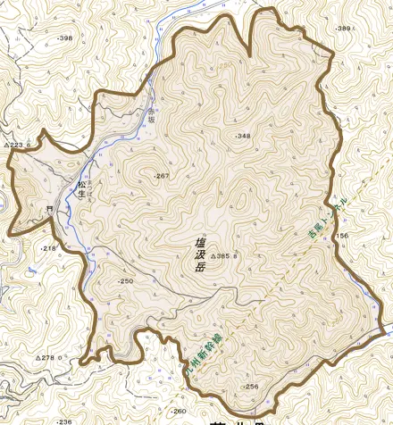 大字松生とその周辺の地図。町の範囲を重ねている
