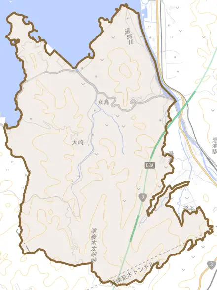大字女島とその周辺の地図。町の範囲を重ねている