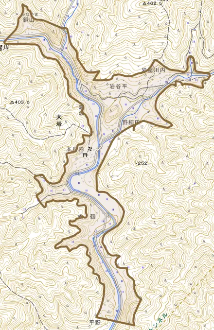 大字大岩とその周辺の地図。町の範囲を重ねている