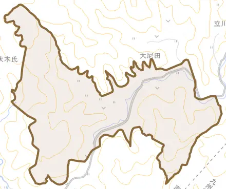 大字大尼田とその周辺の地図。町の範囲を重ねている