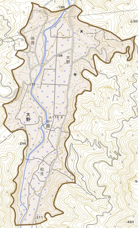大字大野とその周辺の地図。町の範囲を重ねている