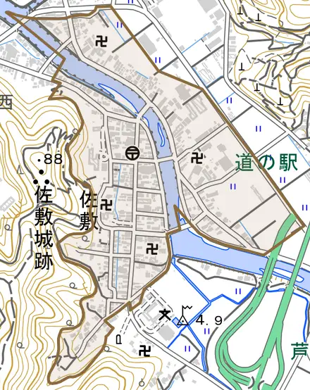 大字佐敷とその周辺の地図。町の範囲を重ねている