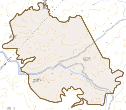 大字塩浸とその周辺の地図。町の範囲を重ねている