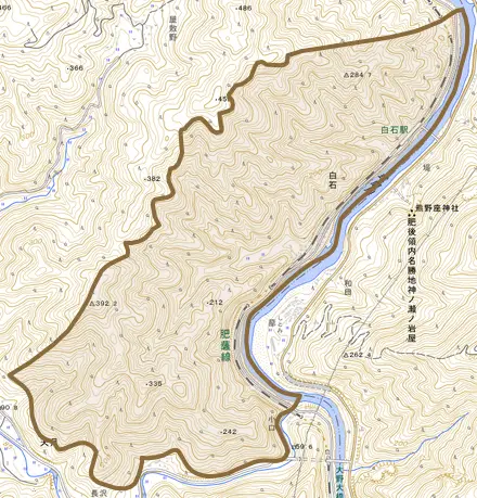 大字白石とその周辺の地図。町の範囲を重ねている