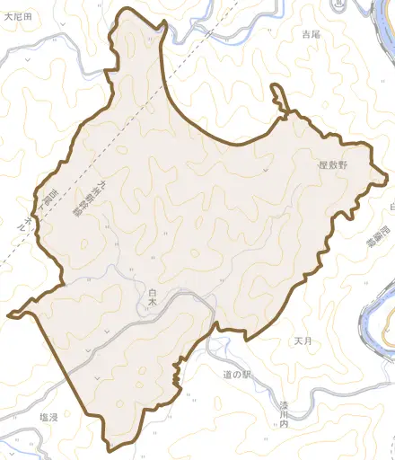 大字白木とその周辺の地図。町の範囲を重ねている