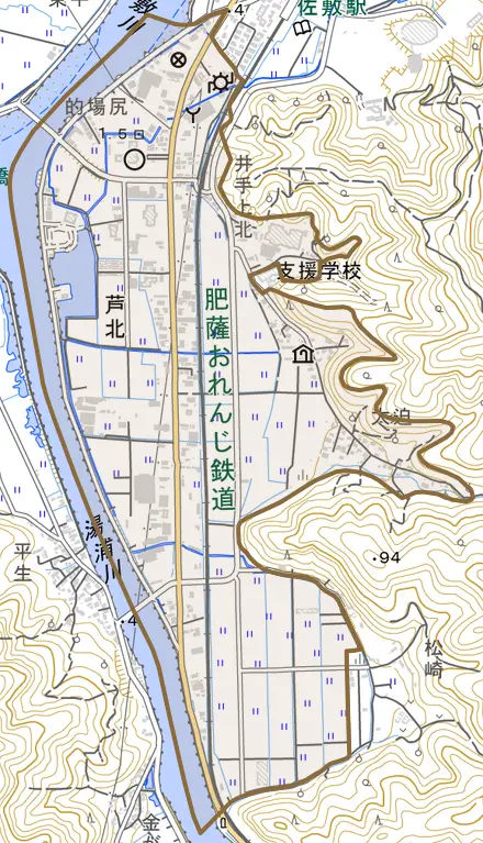 大字芦北とその周辺の地図。町の範囲を重ねている