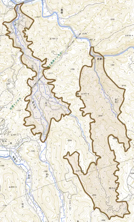 大字田川とその周辺の地図。町の範囲を重ねている