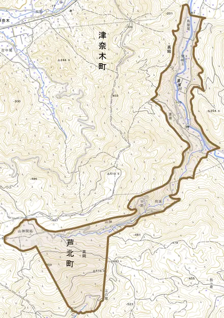大字高岡とその周辺の地図。町の範囲を重ねている