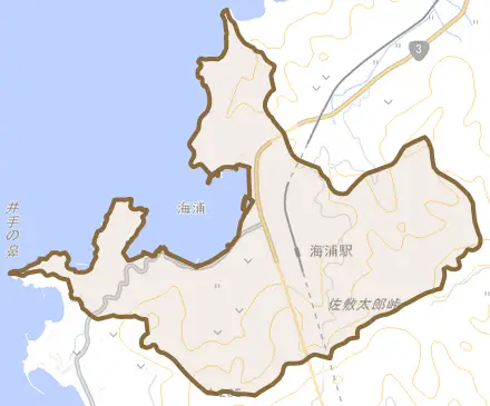大字海浦とその周辺の地図。町の範囲を重ねている