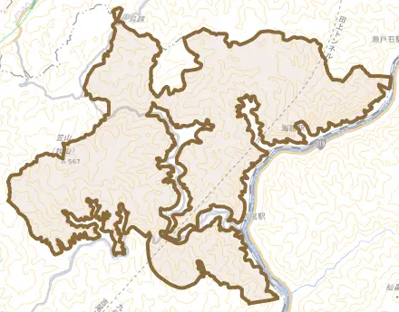 大字上原とその周辺の地図。町の範囲を重ねている