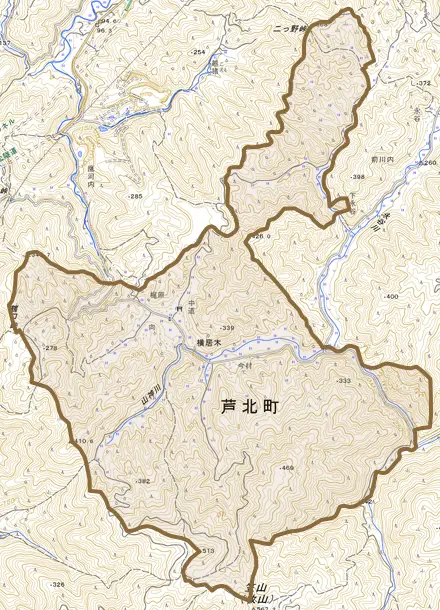 大字横居木とその周辺の地図。町の範囲を重ねている