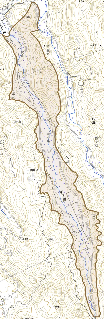 大字米田とその周辺の地図。町の範囲を重ねている