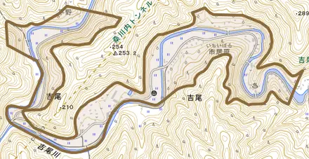 大字吉尾とその周辺の地図。町の範囲を重ねている
