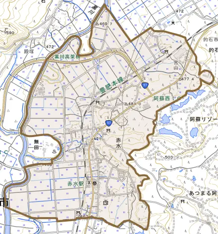 赤水とその周辺の地図。町の範囲を重ねている