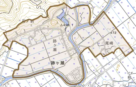 跡ケ瀬とその周辺の地図。町の範囲を重ねている