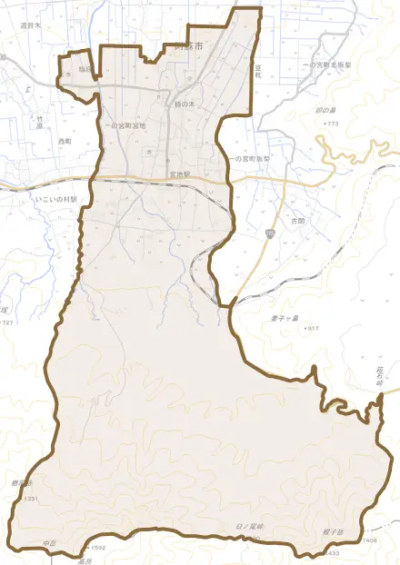 一の宮町宮地とその周辺の地図。町の範囲を重ねている