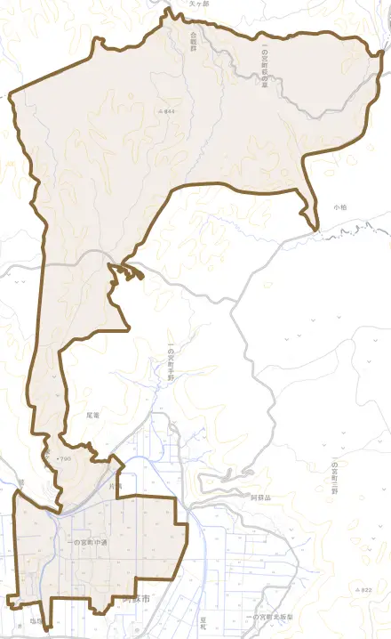 一の宮町中通とその周辺の地図。町の範囲を重ねている
