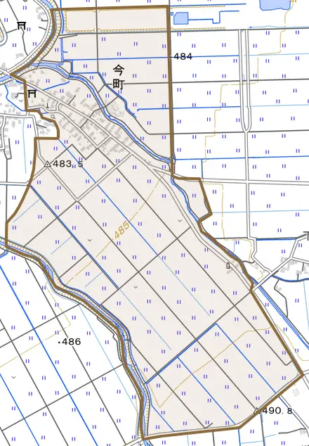 今町とその周辺の地図。町の範囲を重ねている