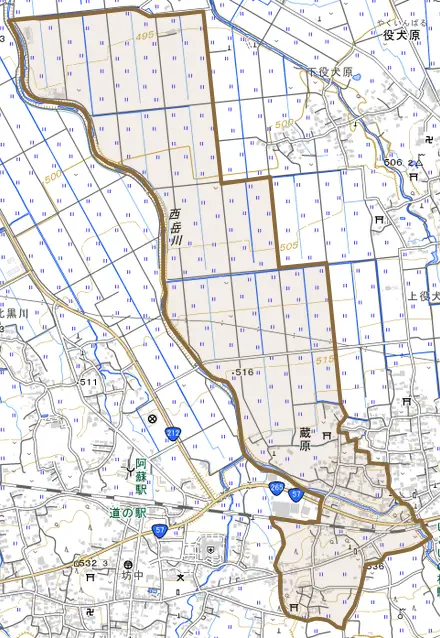 蔵原とその周辺の地図。町の範囲を重ねている